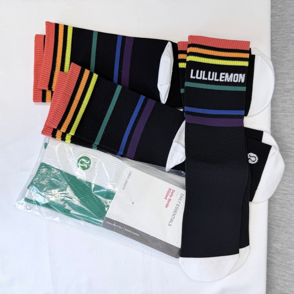 Lululemon Daily Stride Ribbed Crew Socks 3-Pack Rainbow & 1 Green White M/L